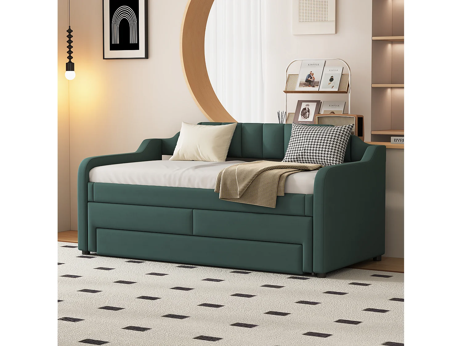 Cama de solteiro móvel com 3 gavetas - 90 x 200 cm + 90 x 190 cm - linho e MDF - cor verde