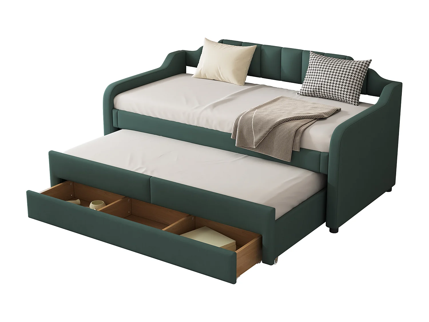 Cama de solteiro móvel com 3 gavetas - 90 x 200 cm + 90 x 190 cm - linho e MDF - cor verde
