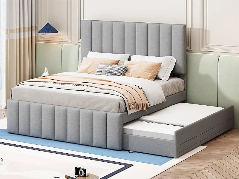 Ausziehbett 140 x 200 cm + 90 x 190 cm – 3 Schubladen – Leinenstoff – Lattenrost – Grau