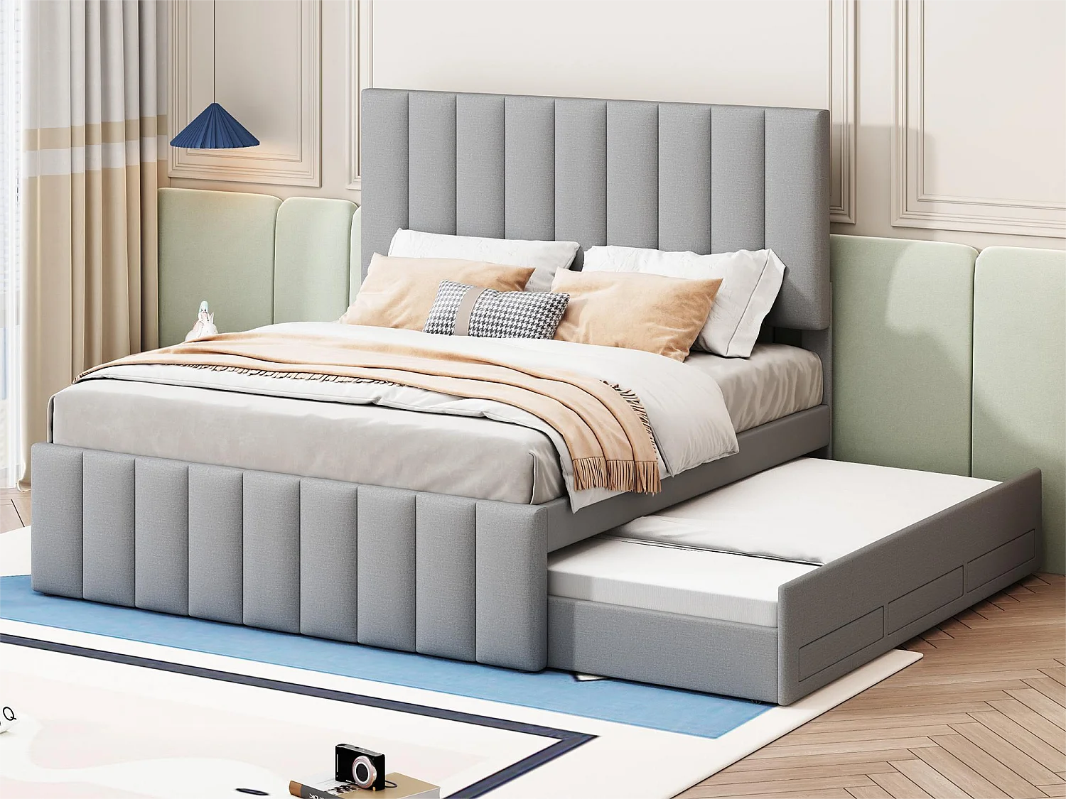 Lit gigogne 140 x 200 cm + 90 x 190 cm - 3 tiroirs - tissu lin - sommier à lattes - gris