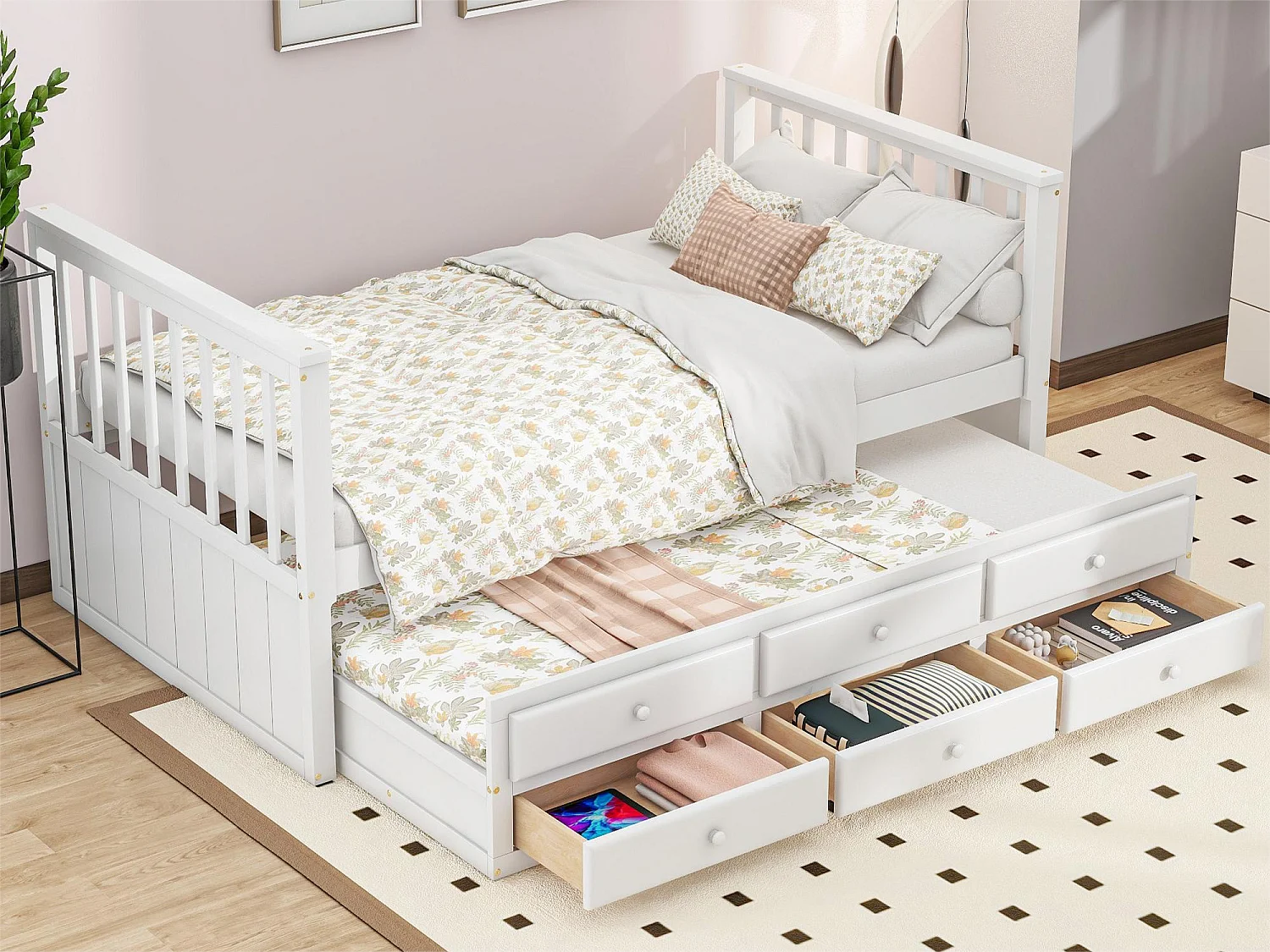 Lit gigogne avec 3 tiroirs - 90 x 200 cm + 90 x 190 cm - pin et MDF - style moderne - blanc