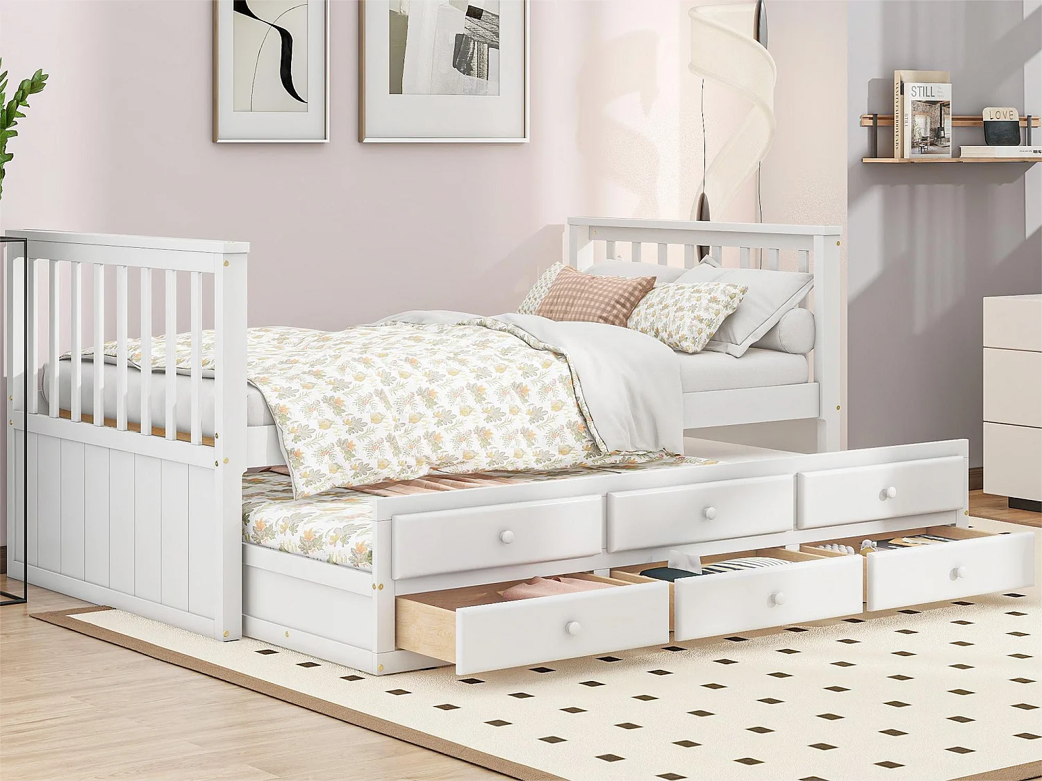 Lit gigogne avec 3 tiroirs - 90 x 200 cm + 90 x 190 cm - pin et MDF - style moderne - blanc