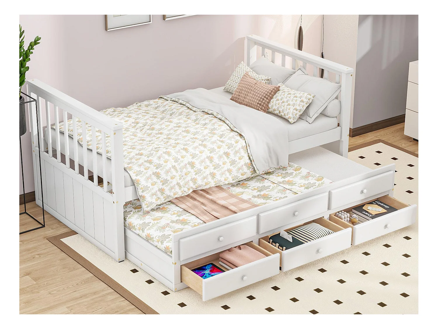 Lit gigogne avec 3 tiroirs - 90 x 200 cm + 90 x 190 cm - pin et MDF - style moderne - blanc