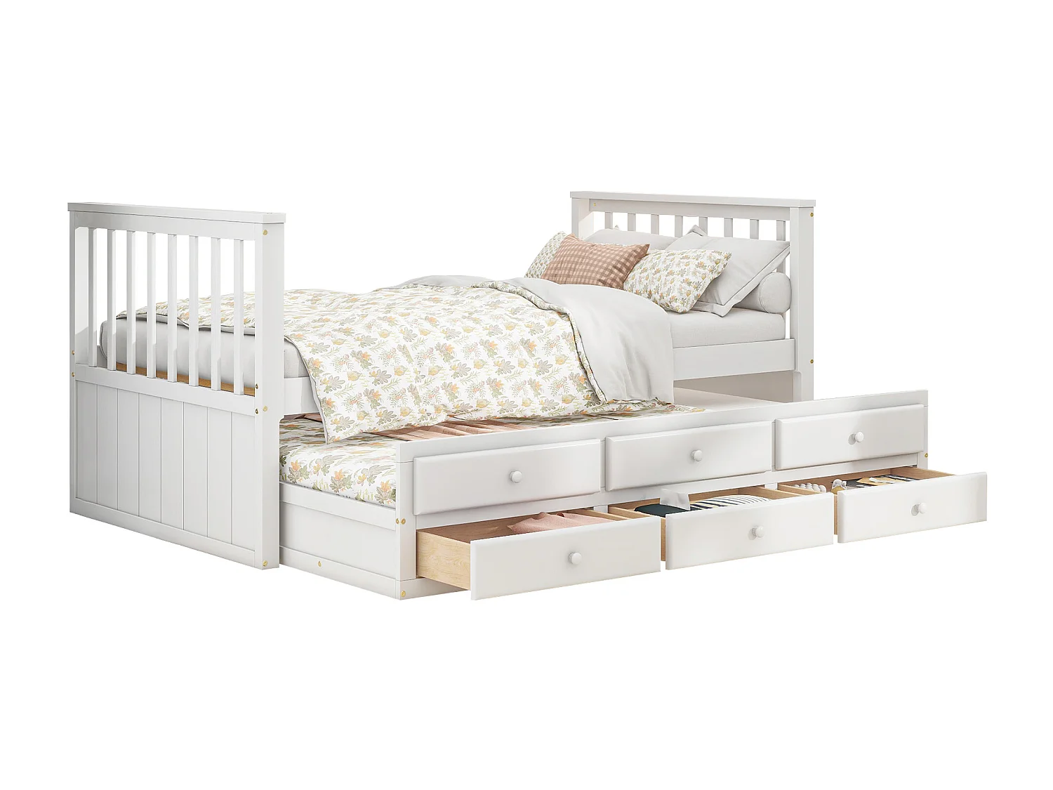 Lit gigogne avec 3 tiroirs - 90 x 200 cm + 90 x 190 cm - pin et MDF - style moderne - blanc