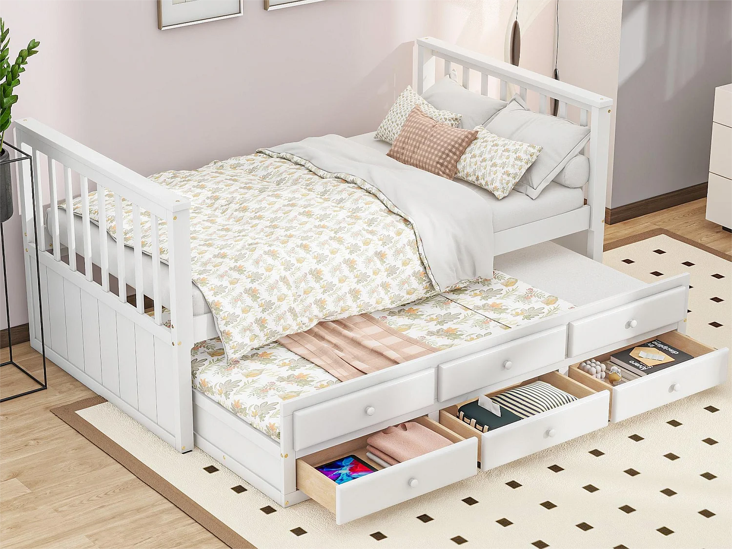 Lit gigogne avec 3 tiroirs - 90 x 200 cm + 90 x 190 cm - pin et MDF - style moderne - blanc