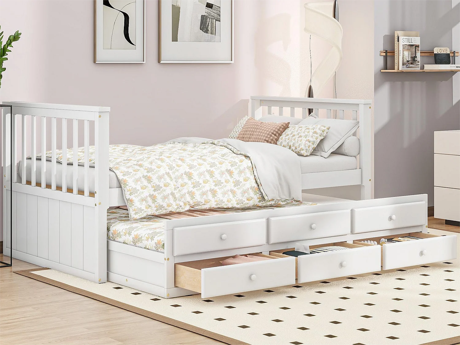 Lit gigogne avec 3 tiroirs - 90 x 200 cm + 90 x 190 cm - pin et MDF - style moderne - blanc