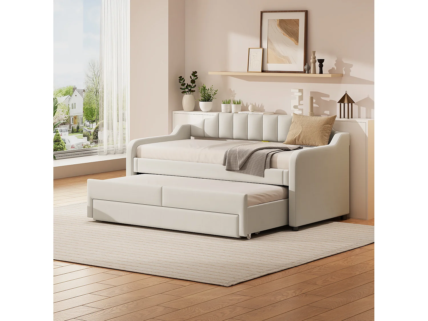 Mobiel uitschuifbed met 3 lades - 90 x 200 cm + 90 x 190 cm - linnen en MDF - beige kleur