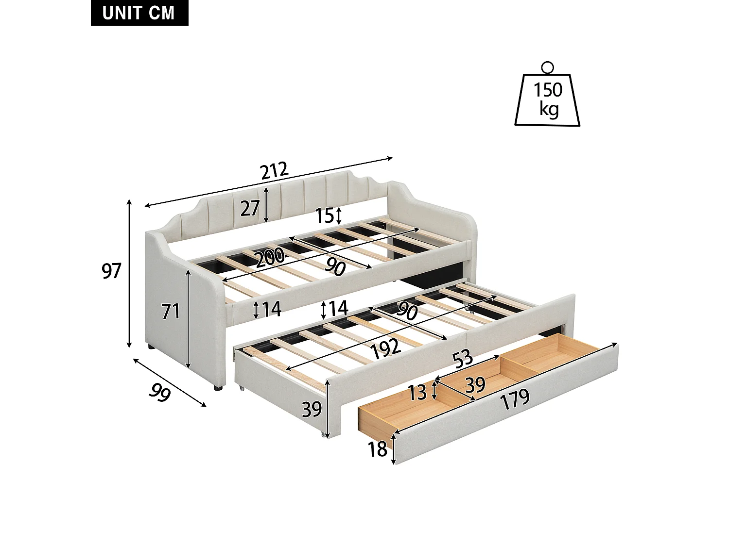 Mobiel uitschuifbed met 3 lades - 90 x 200 cm + 90 x 190 cm - linnen en MDF - beige kleur