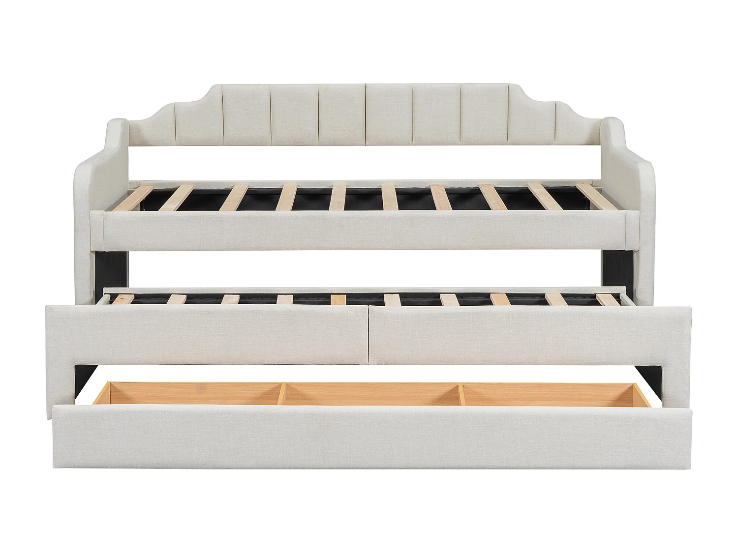 Mobiel uitschuifbed met 3 lades - 90 x 200 cm + 90 x 190 cm - linnen en MDF - beige kleur