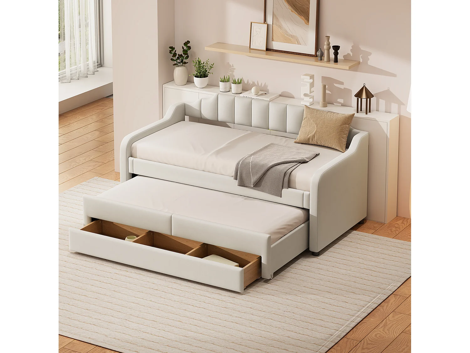 Mobiel uitschuifbed met 3 lades - 90 x 200 cm + 90 x 190 cm - linnen en MDF - beige kleur