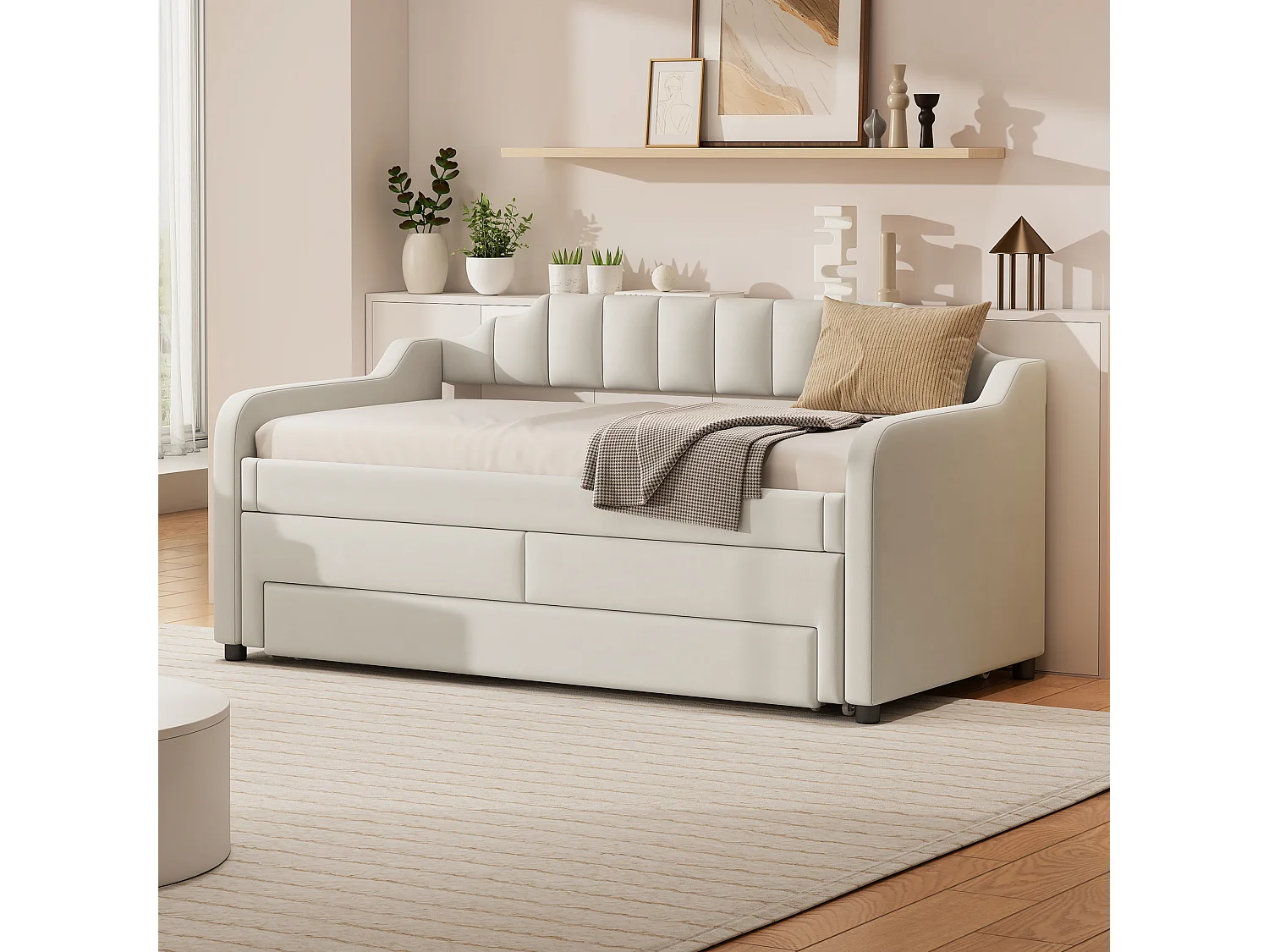 Mobiel uitschuifbed met 3 lades - 90 x 200 cm + 90 x 190 cm - linnen en MDF - beige kleur