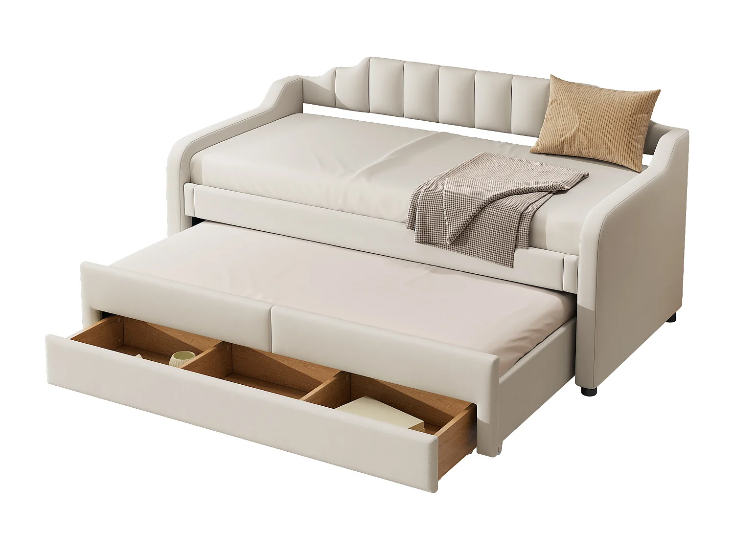 Mobiel uitschuifbed met 3 lades - 90 x 200 cm + 90 x 190 cm - linnen en MDF - beige kleur