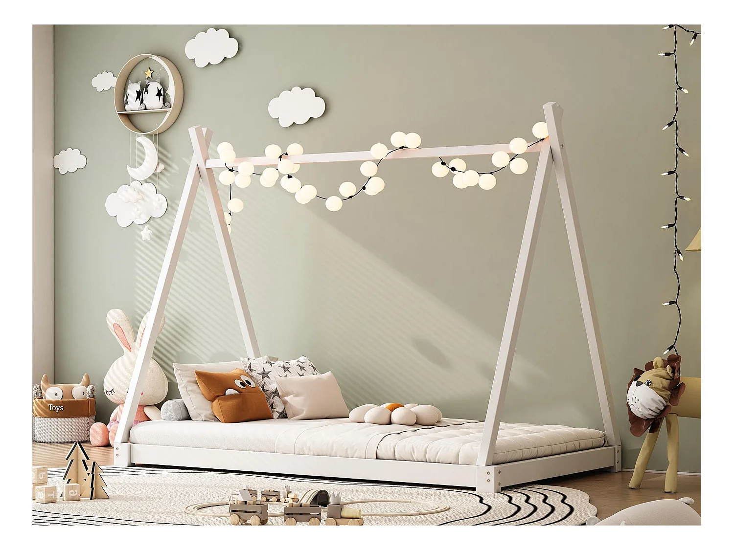 Tipi bed voor kinderen 90 x 200 cm - massief hout - inclusief lattenbodem - kleur wit