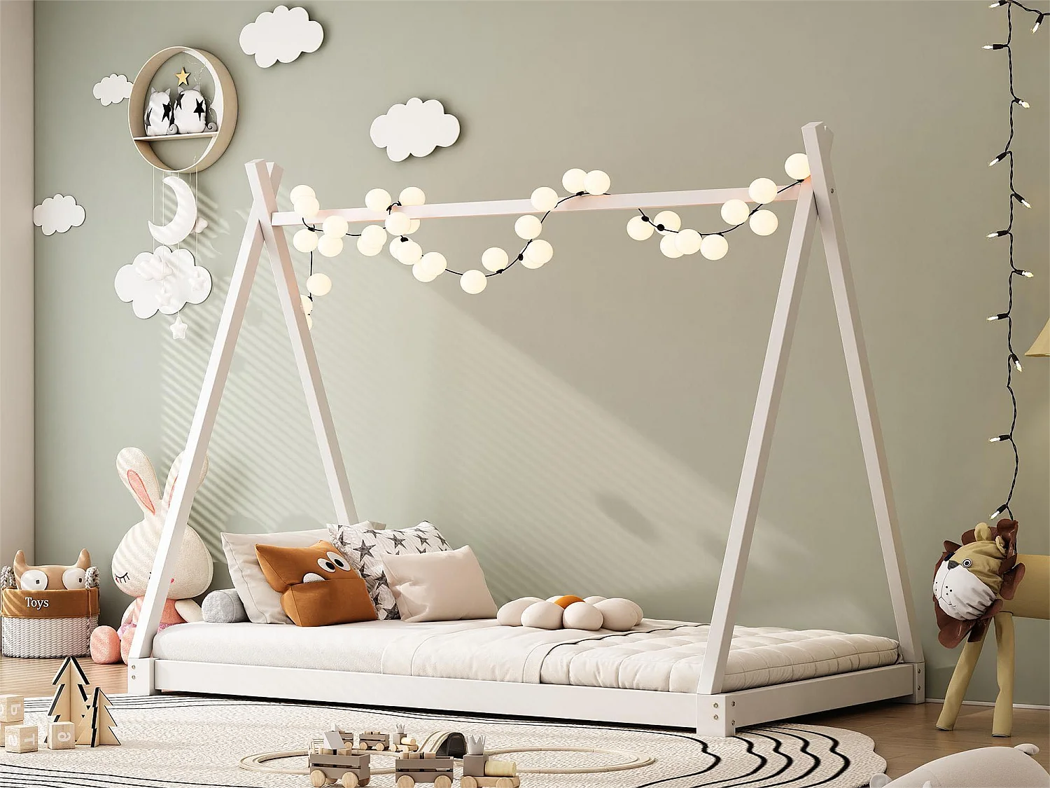 Lit tipi pour enfant 90 x 200 cm - bois massif - sommier à lattes inclus - coloris blanc