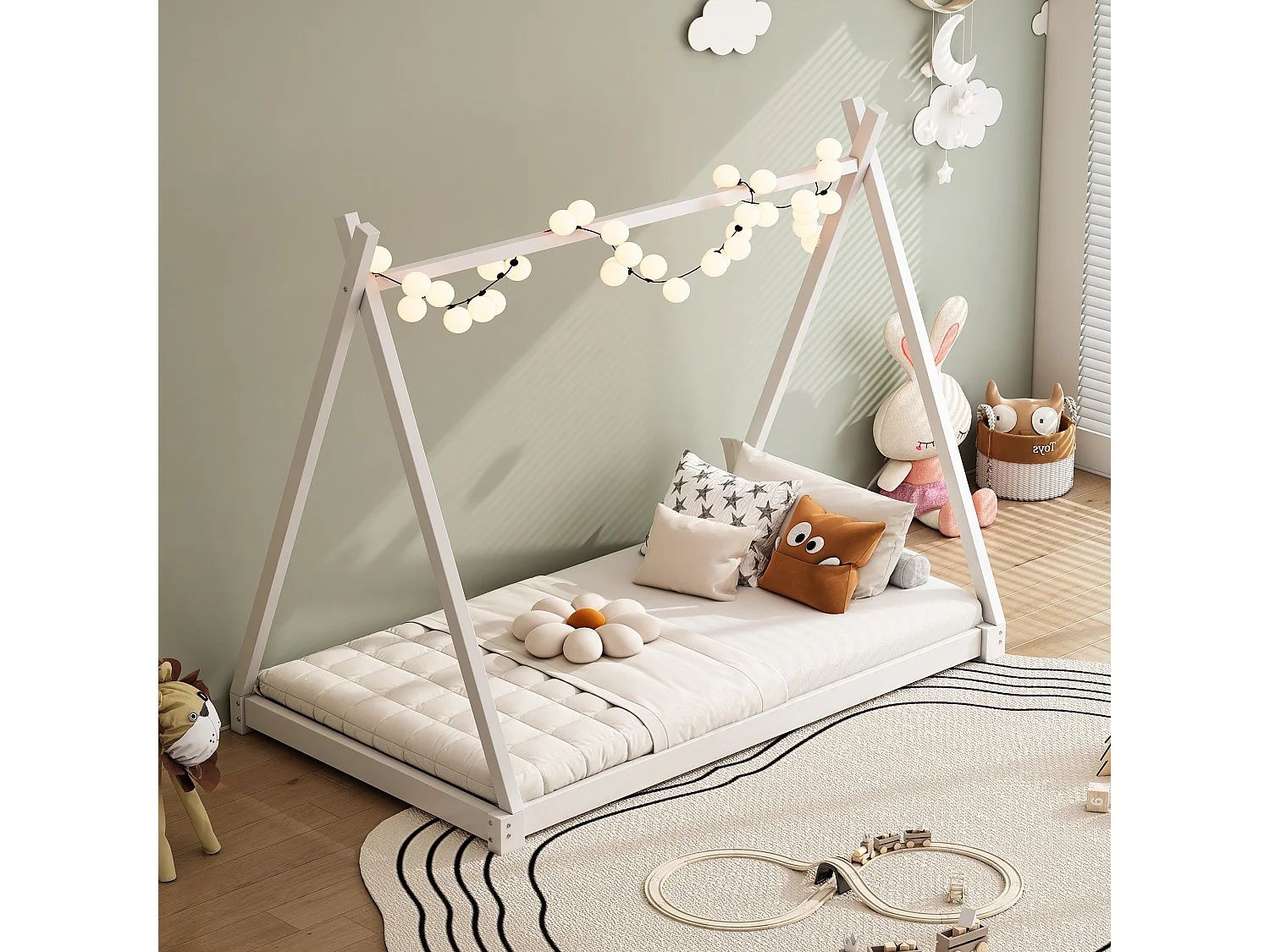 Lit tipi pour enfant 90 x 200 cm - bois massif - sommier à lattes inclus - coloris blanc