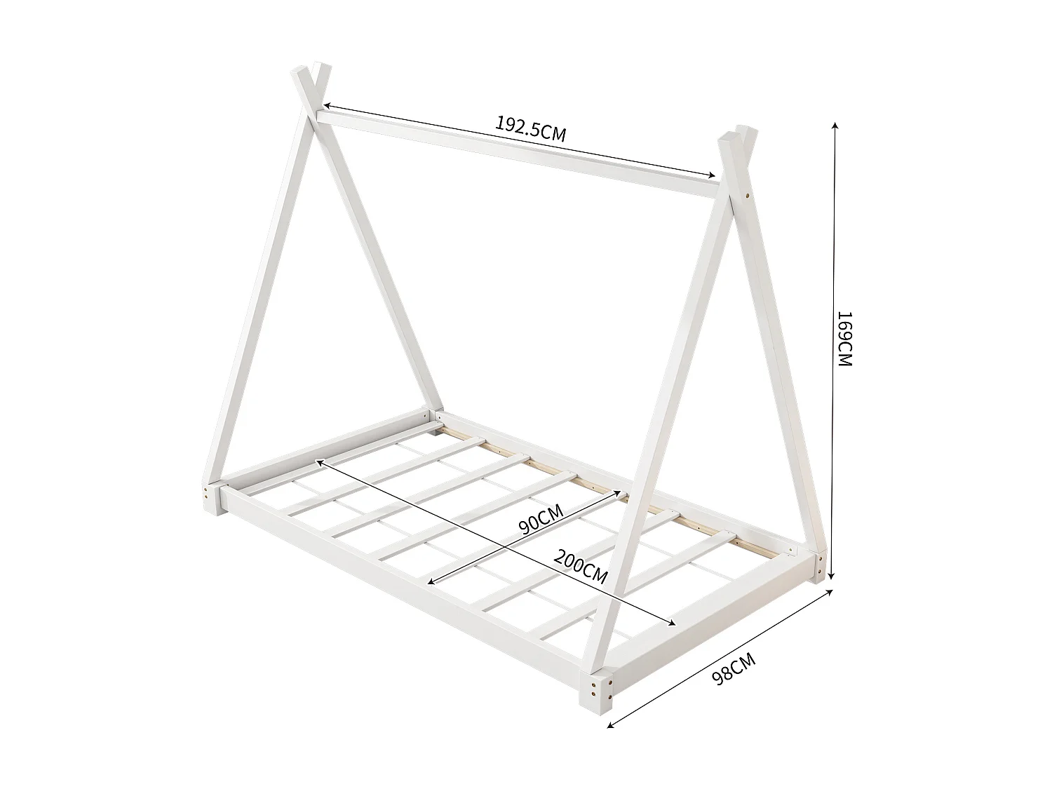 Lit tipi pour enfant 90 x 200 cm - bois massif - sommier à lattes inclus - coloris blanc