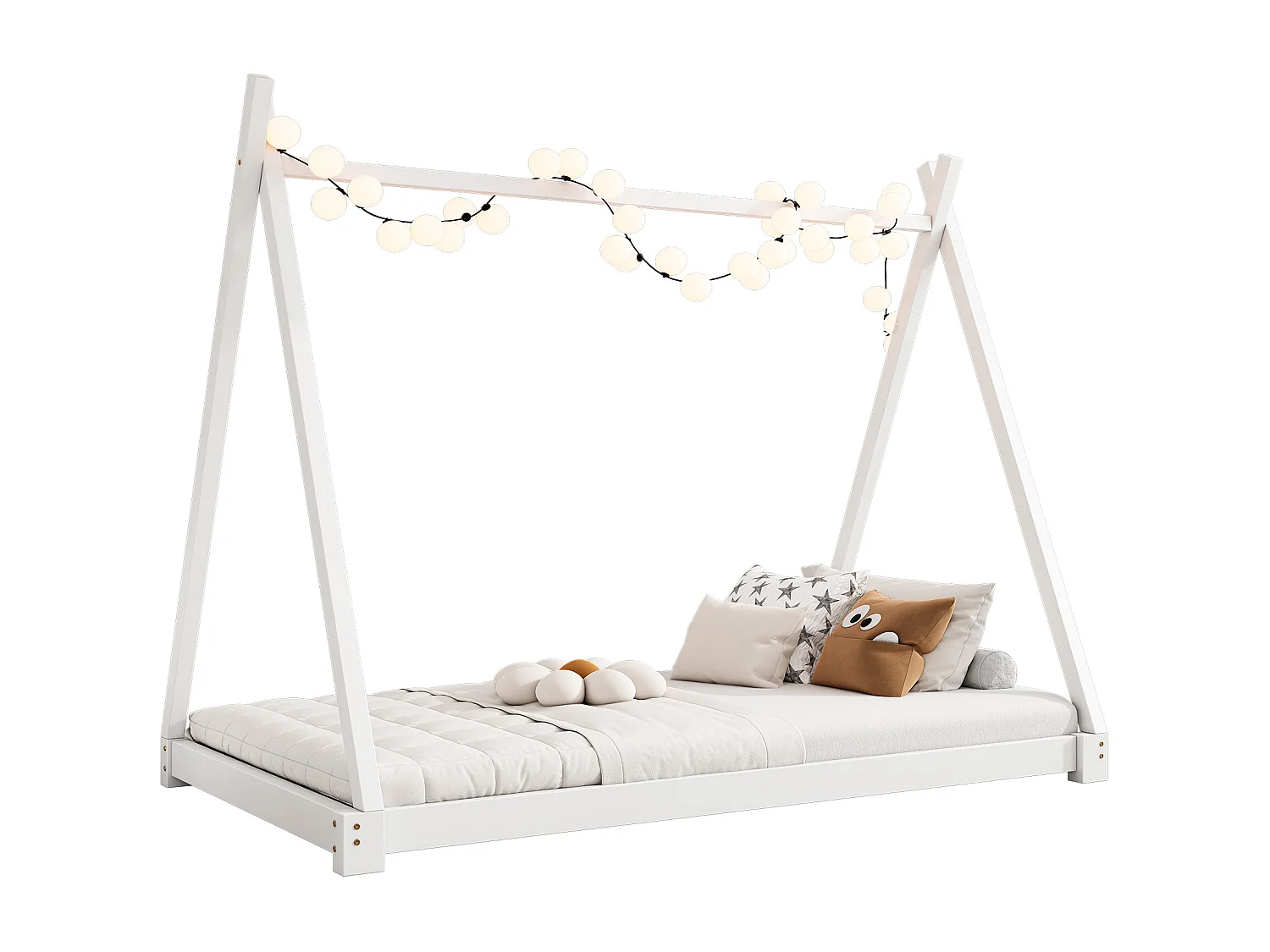 Lit tipi pour enfant 90 x 200 cm - bois massif - sommier à lattes inclus - coloris blanc