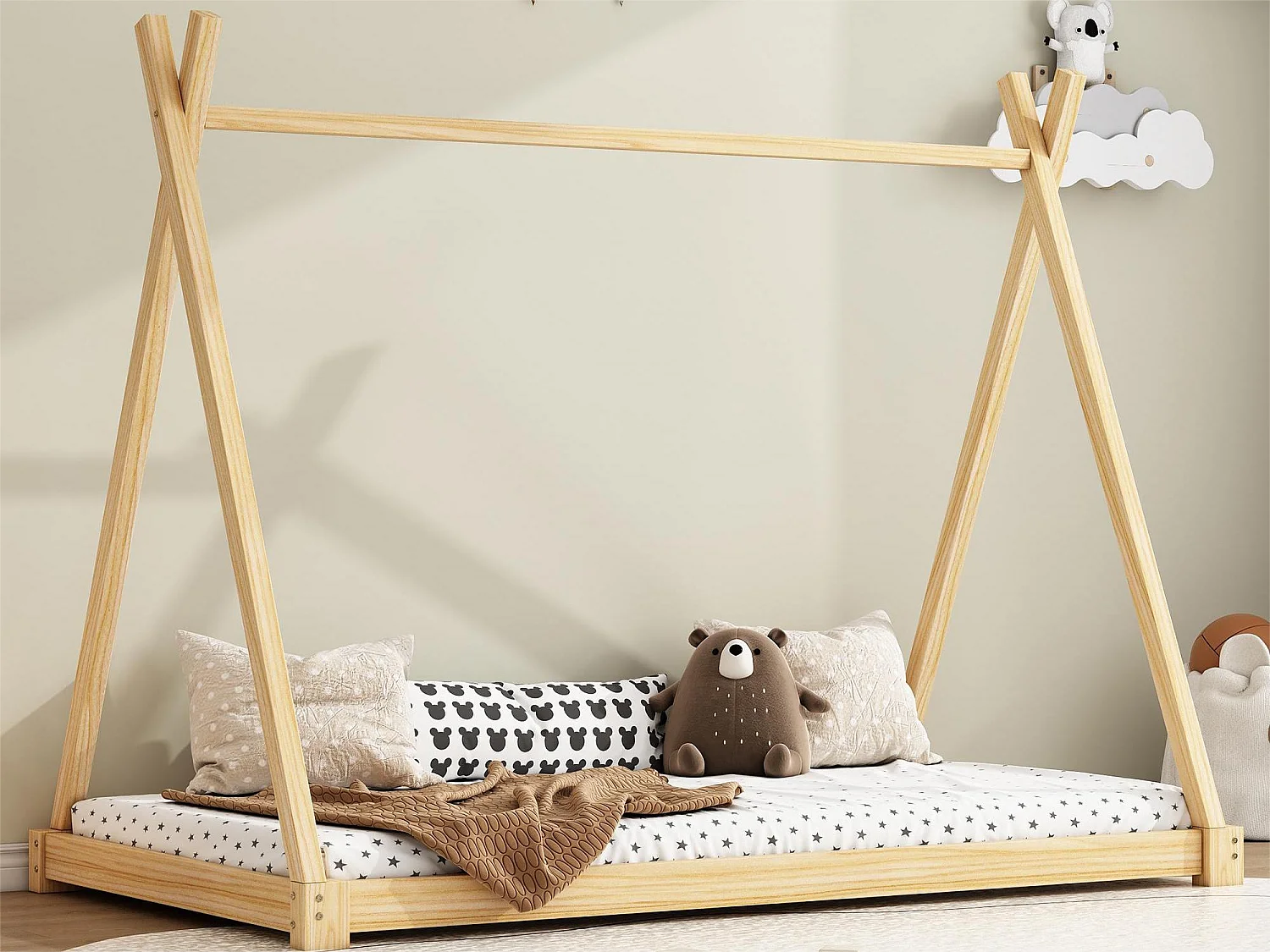 Lit tipi pour enfant 90 x 200 cm - bois massif - sommier à lattes inclus - coloris naturel