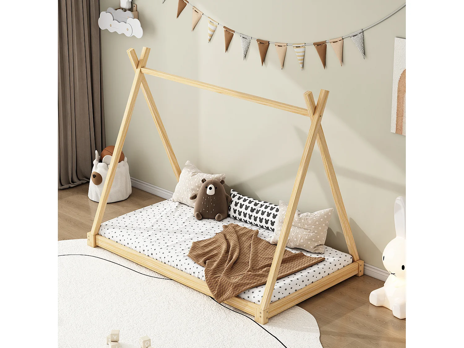 Lit tipi pour enfant 90 x 200 cm - bois massif - sommier à lattes inclus - coloris naturel