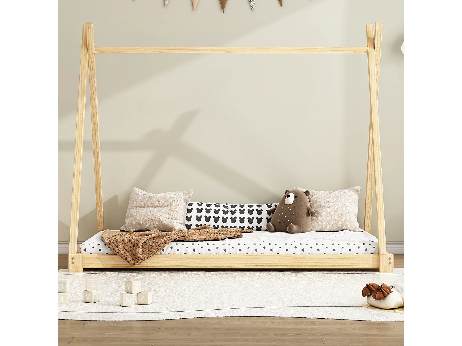 Lit tipi pour enfant 90 x 200 cm - bois massif - sommier à lattes inclus - coloris naturel