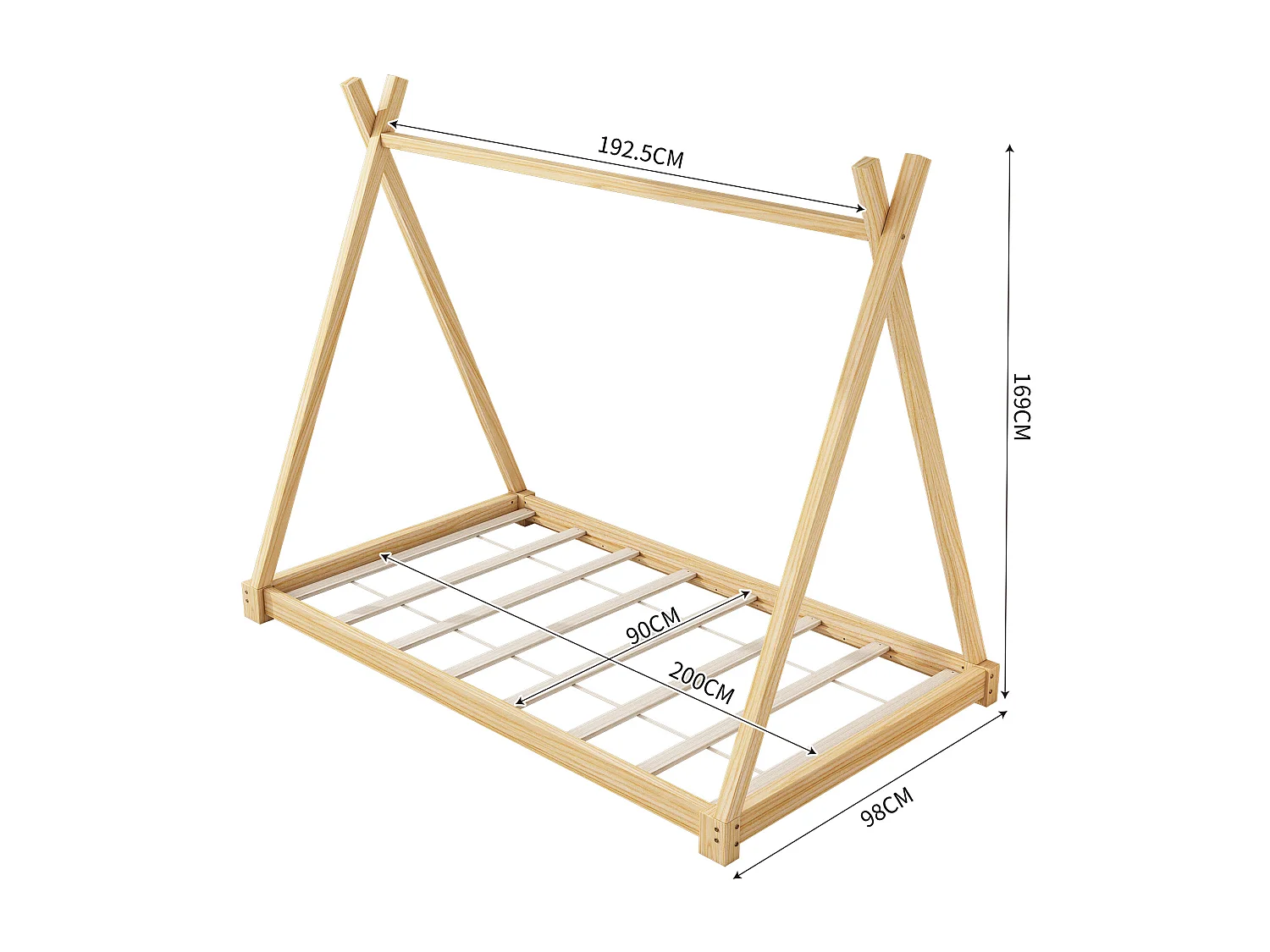 Lit tipi pour enfant 90 x 200 cm - bois massif - sommier à lattes inclus - coloris naturel