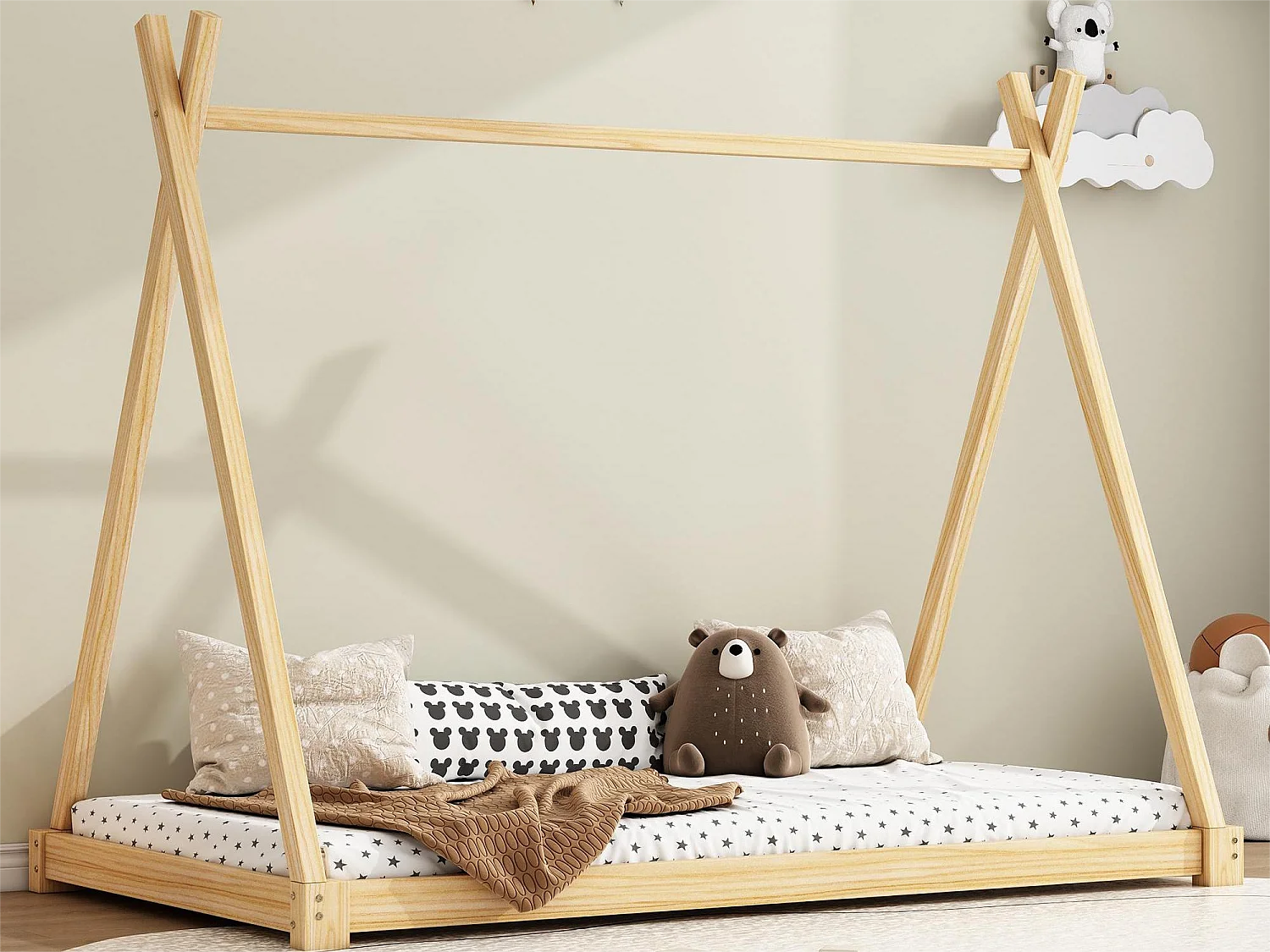 Lit tipi pour enfant 90 x 200 cm - bois massif - sommier à lattes inclus - coloris naturel