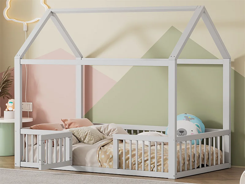 Lit cabane pour enfant ou bébé - 90 x 200 cm - barrières et porte - sommier à lattes inclus - bois blanc