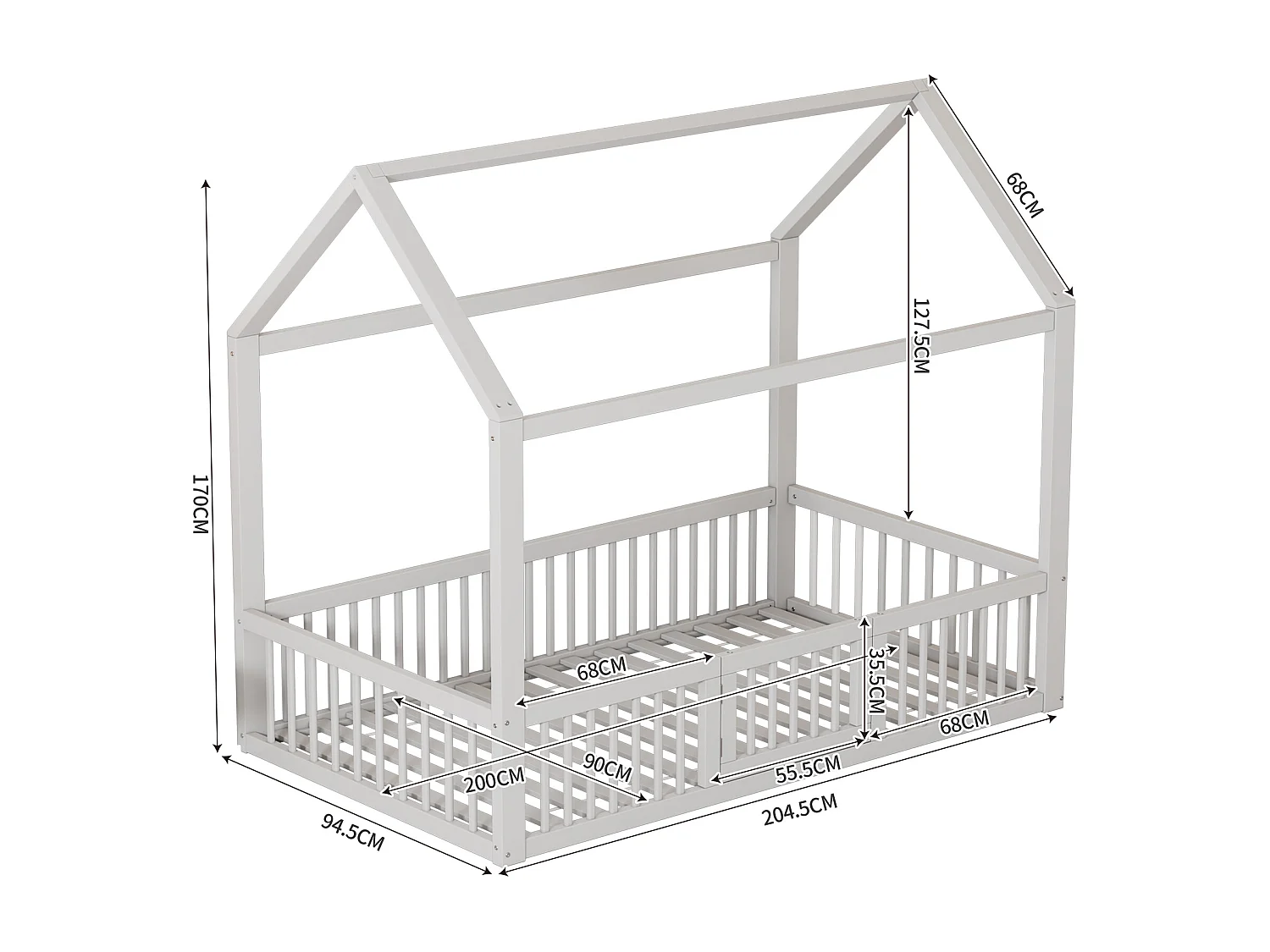 Lit cabane pour enfant ou bébé - 90 x 200 cm - barrières et porte - sommier à lattes inclus - bois blanc