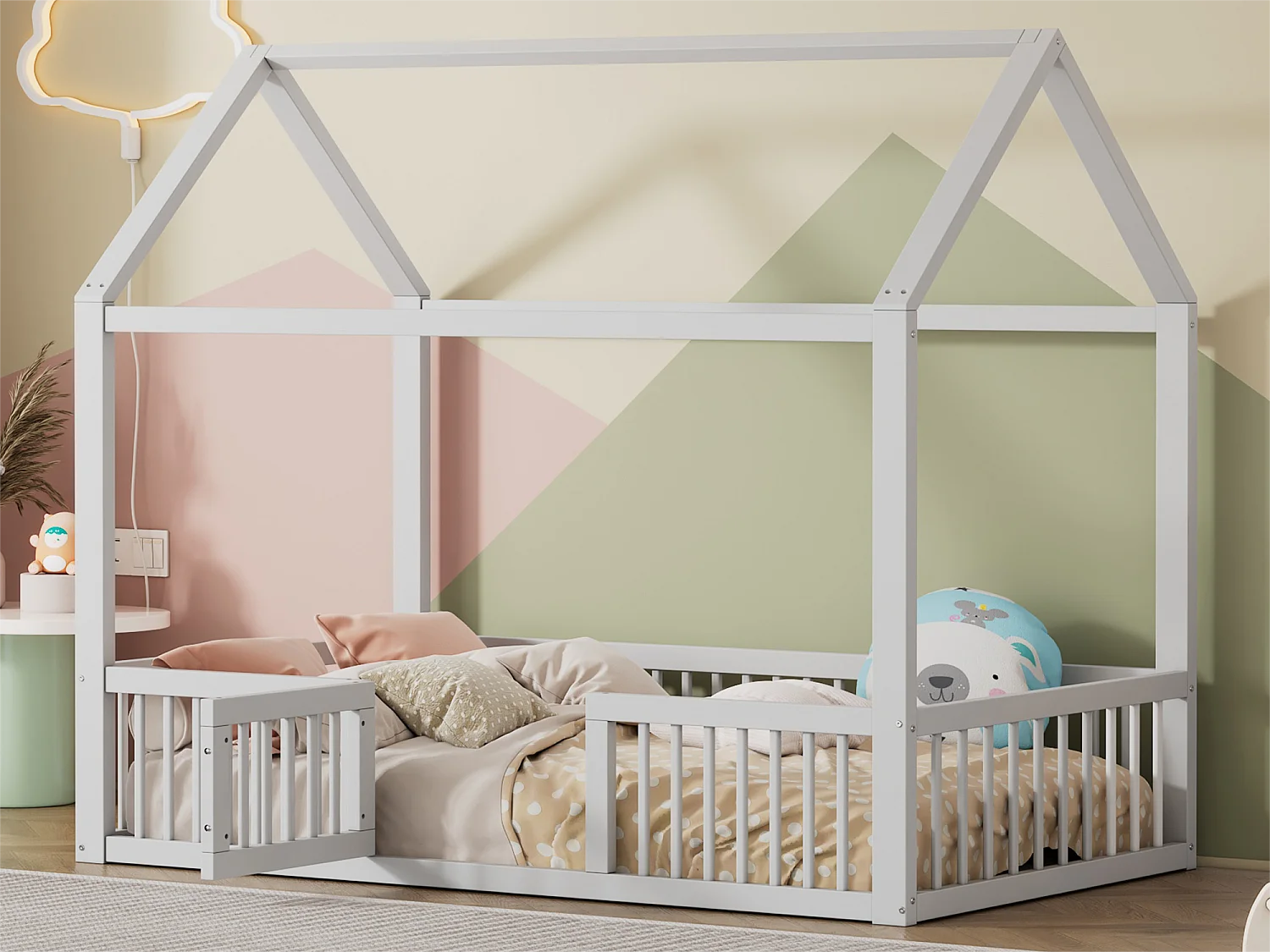 Lit cabane pour enfant ou bébé - 90 x 200 cm - barrières et porte - sommier à lattes inclus - bois blanc