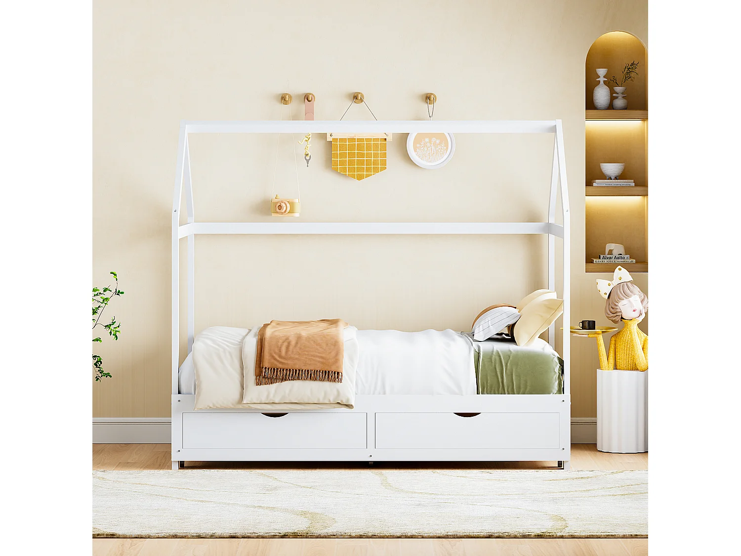 Ausziehbares Hochbett 90/180 x 190 cm – umwandelbares Schlafsofa – mit 2 Schubladen und Lattenrost – weiß lackiertes Kiefernholz