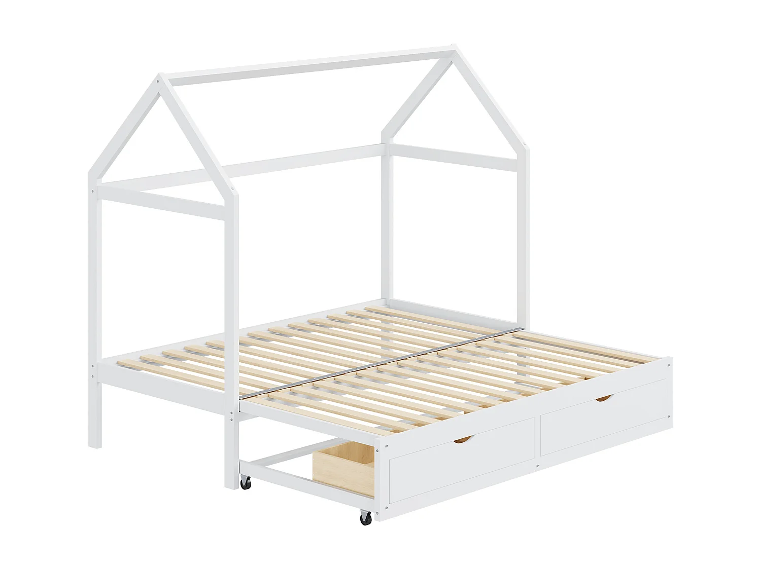 Ausziehbares Hochbett 90/180 x 190 cm – umwandelbares Schlafsofa – mit 2 Schubladen und Lattenrost – weiß lackiertes Kiefernholz