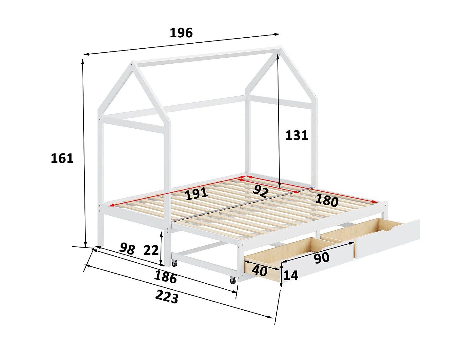 Ausziehbares Hochbett 90/180 x 190 cm – umwandelbares Schlafsofa – mit 2 Schubladen und Lattenrost – weiß lackiertes Kiefernholz