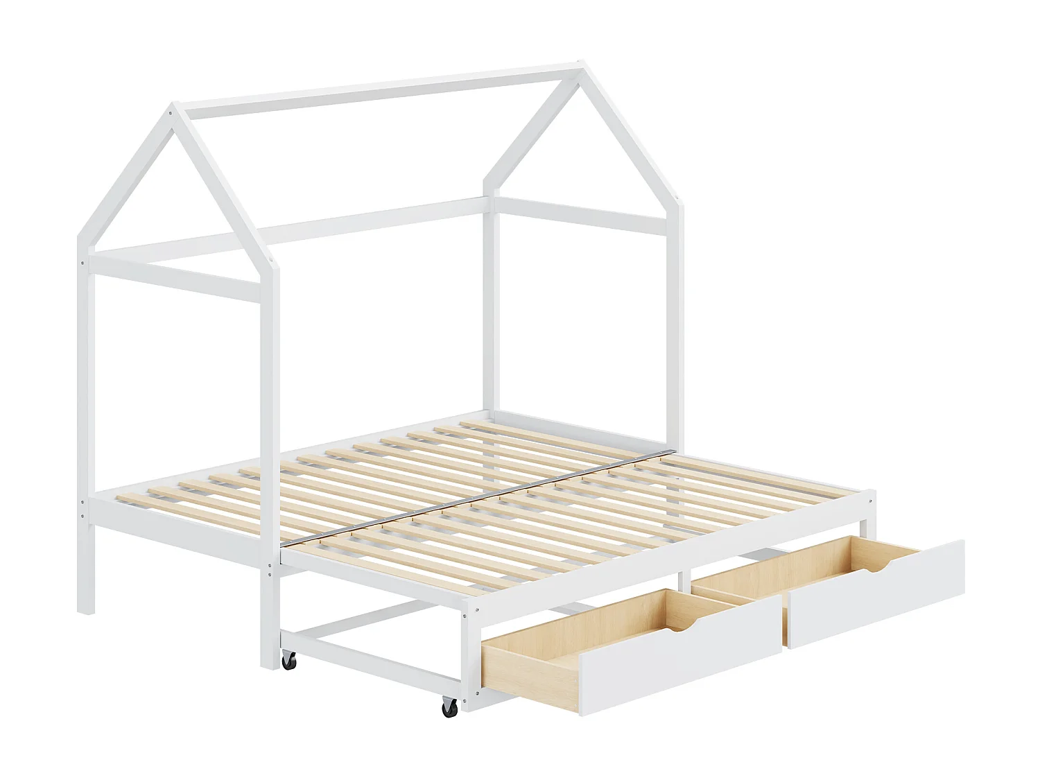 Ausziehbares Hochbett 90/180 x 190 cm – umwandelbares Schlafsofa – mit 2 Schubladen und Lattenrost – weiß lackiertes Kiefernholz