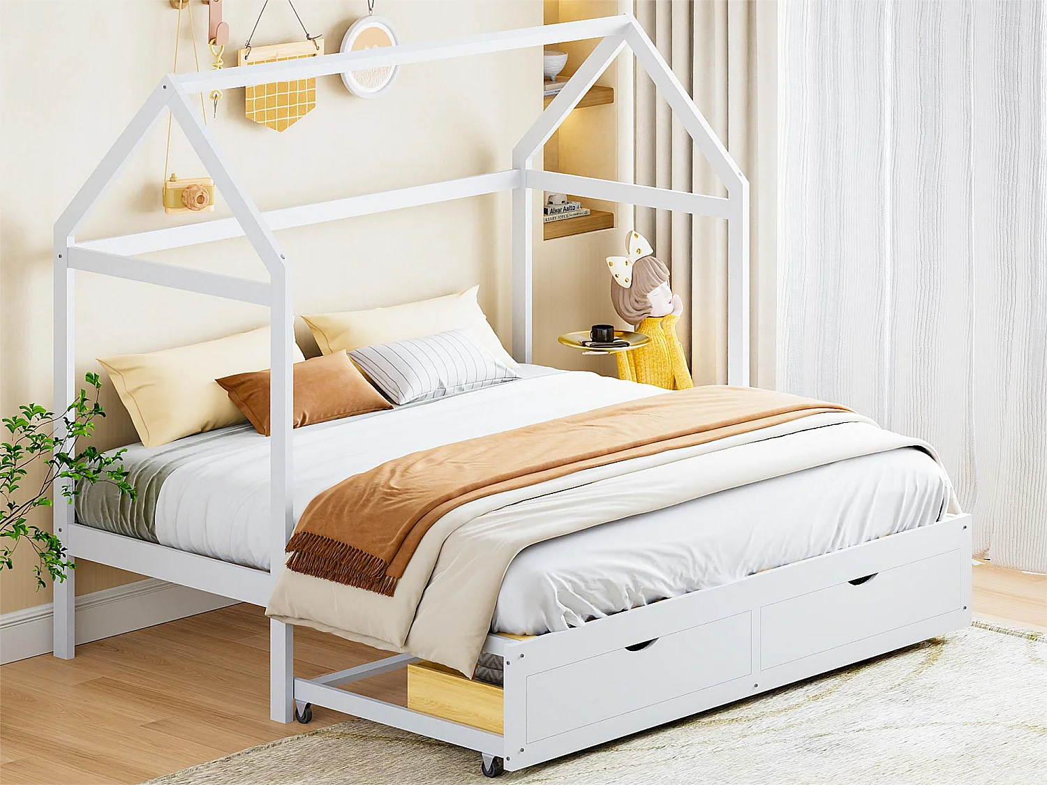 Ausziehbares Hochbett 90/180 x 190 cm – umwandelbares Schlafsofa – mit 2 Schubladen und Lattenrost – weiß lackiertes Kiefernholz