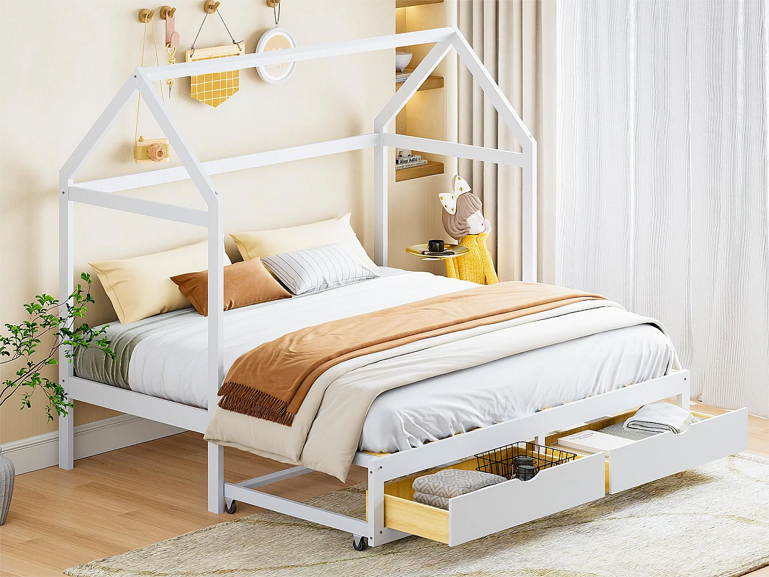 Lit cabane extensible 90/180 x 190 cm - canapé-lit convertible - avec 2 tiroirs et sommier à lattes - bois pin laqué blanc