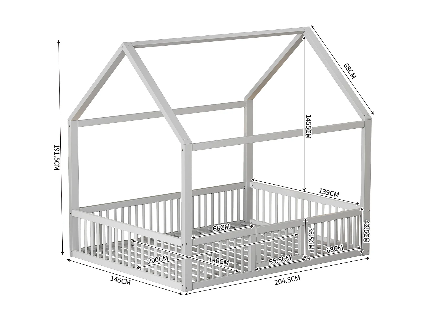 Cama cabine para criança ou bebê - 140 x 200 cm - grades e porta - base de ripas incluída - madeira branca