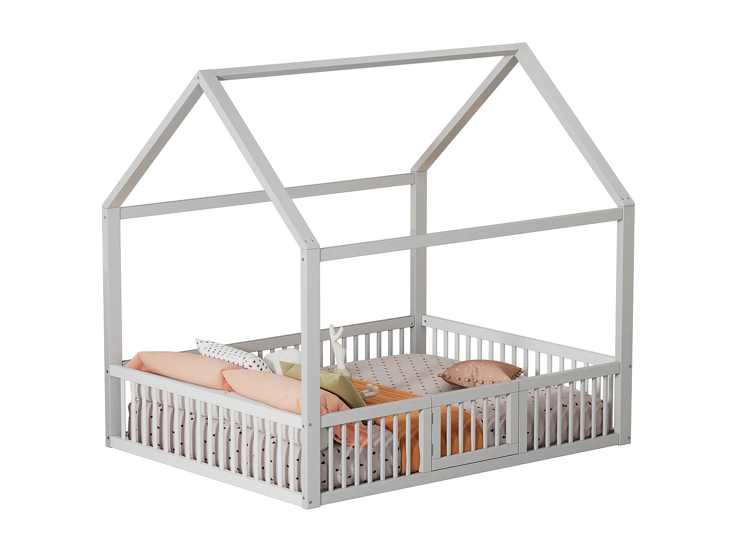 Cama cabina para niños o bebés - 140 x 200 cm - barreras y puerta - somier incluido - madera blanca