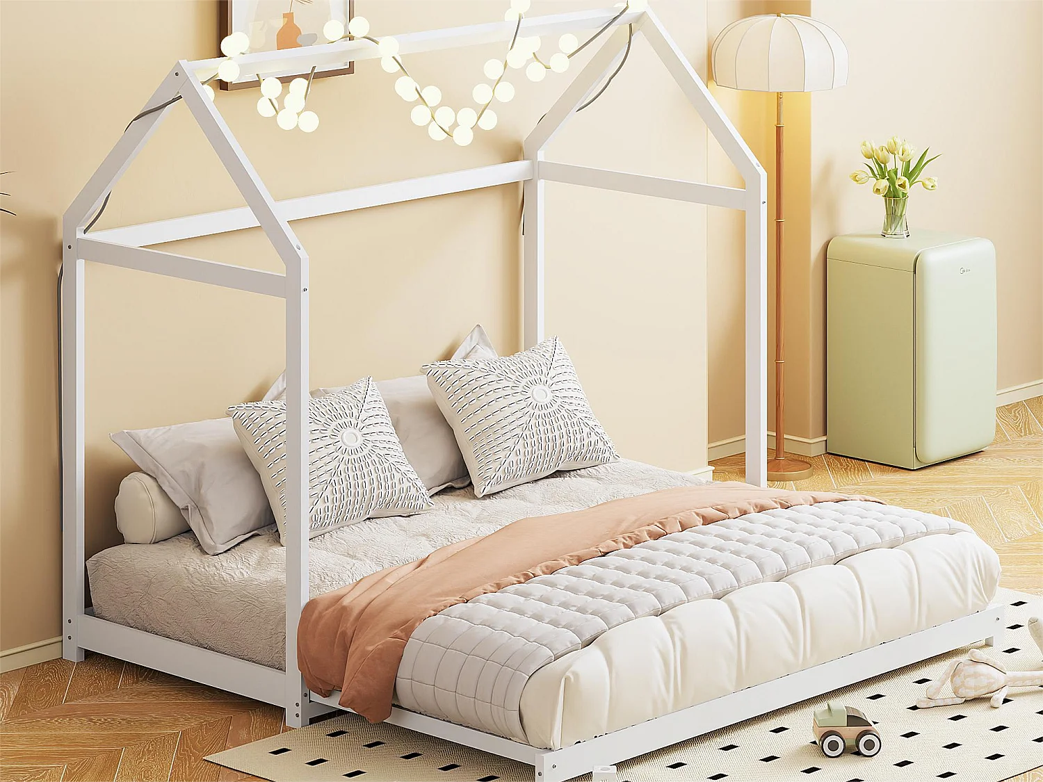 Lit enfant extensible 90/180 x 190 cm, canapé-lit, bois massif, avec sommier à lattes, blanc