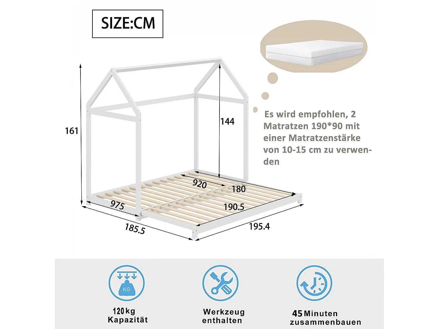 Lit enfant extensible 90/180 x 190 cm, canapé-lit, bois massif, avec sommier à lattes, blanc