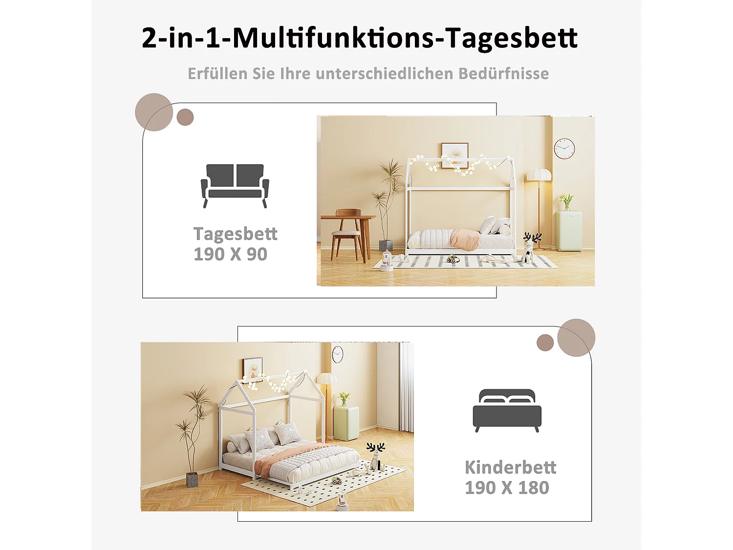 Lit enfant extensible 90/180 x 190 cm, canapé-lit, bois massif, avec sommier à lattes, blanc