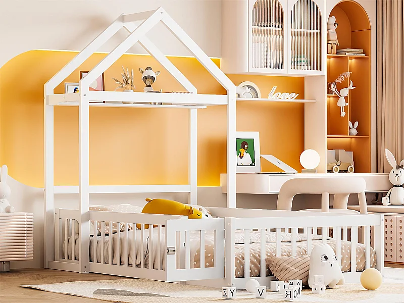 Cama-cabina infantil con barreras y puerta, 90 x 200 cm, madera maciza, espacio de almacenamiento, lacado blanco