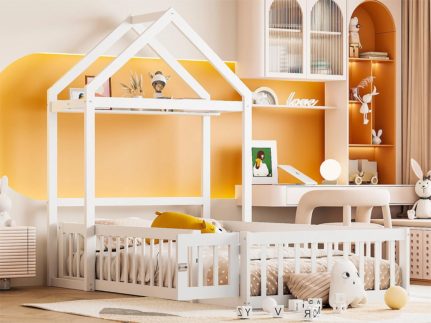 Cama-cabina infantil con barreras y puerta, 90 x 200 cm, madera maciza, espacio de almacenamiento, lacado blanco