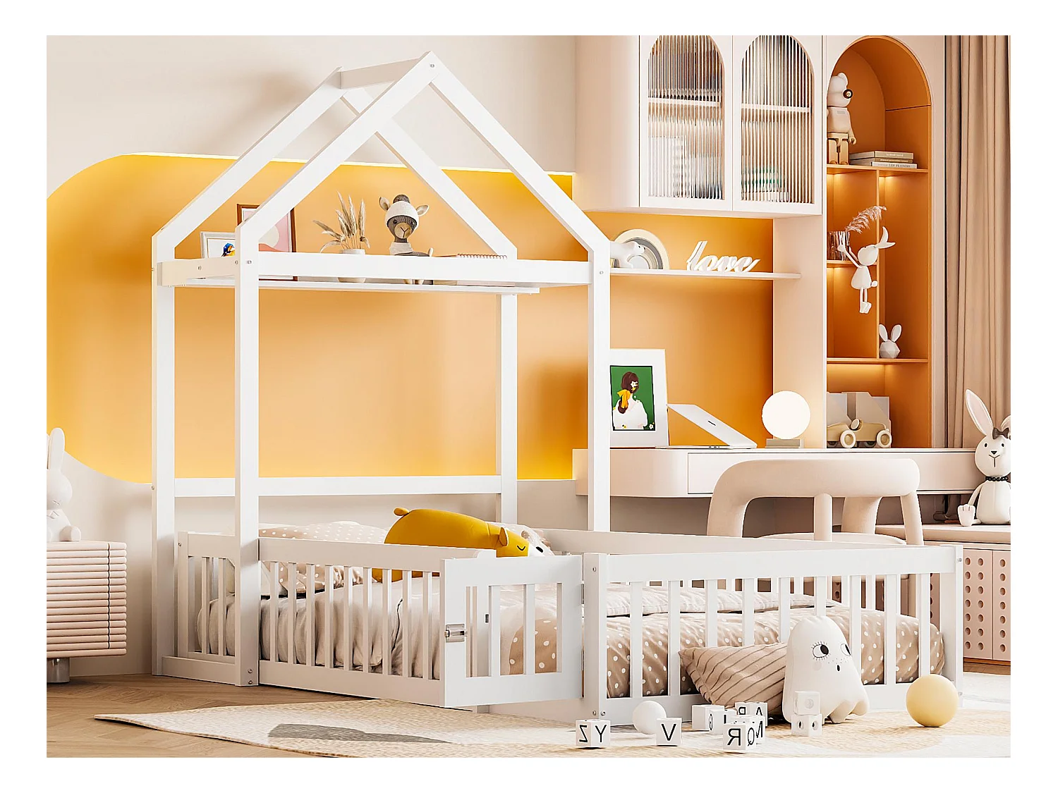 Lit cabane enfant avec barrières et porte, 90 x 200 cm, bois massif, espace de rangement, lauqé blanc