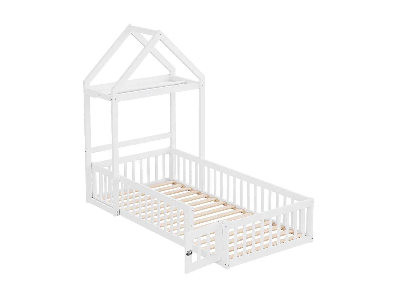 Kinderhutbed met hekken en deur, 90 x 200 cm, massief hout, opbergruimte, wit gelakt