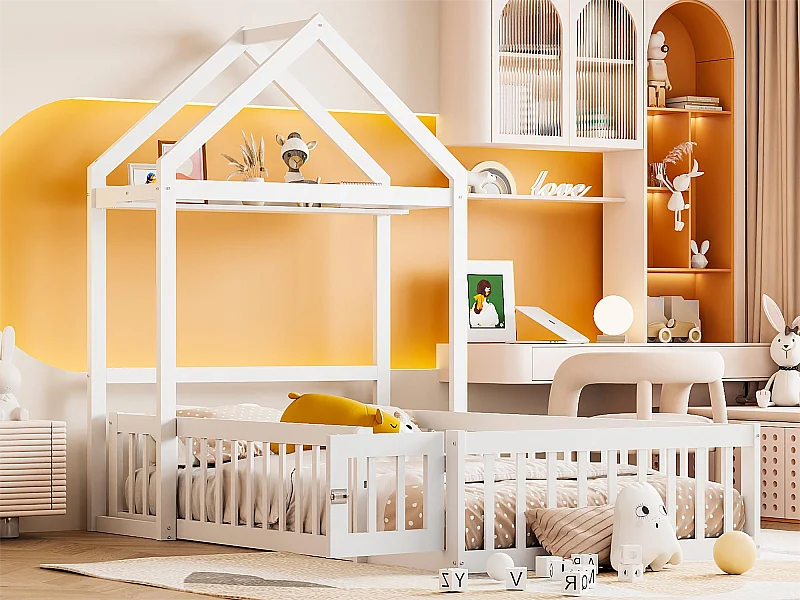 Lit cabane enfant avec barrières et porte, 90 x 200 cm, bois massif, espace de rangement, lauqé blanc