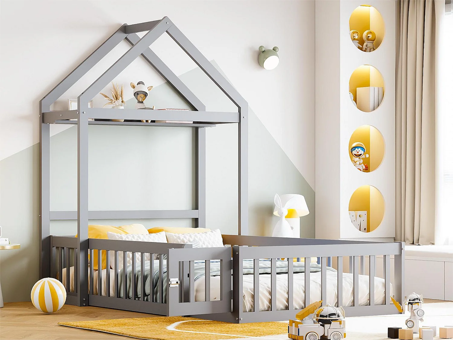 Lit cabane enfant avec barrières et porte, 90 x 200 cm, bois massif, espace de rangement, lauqé gris