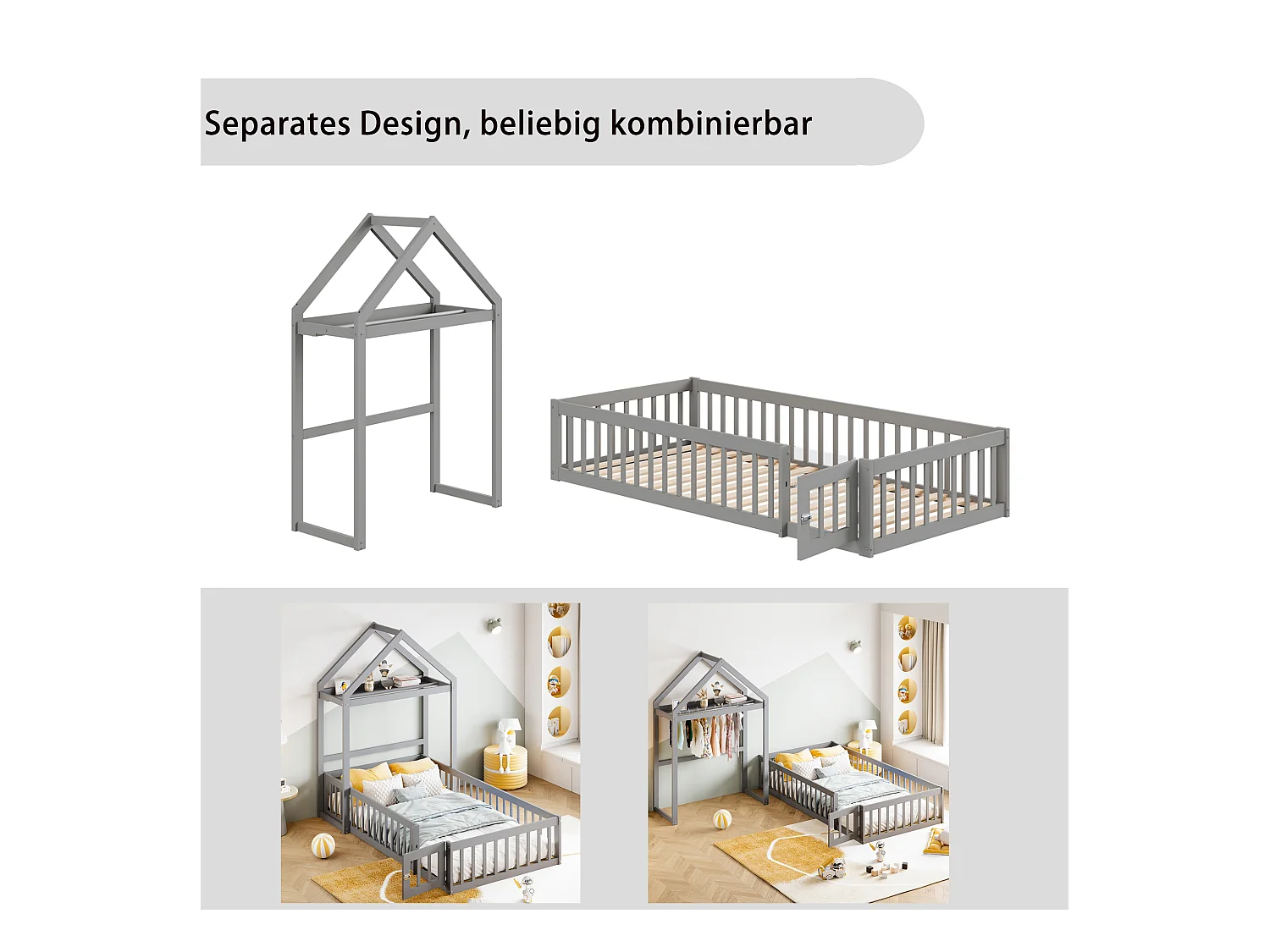 Lit cabane enfant avec barrières et porte, 90 x 200 cm, bois massif, espace de rangement, lauqé gris