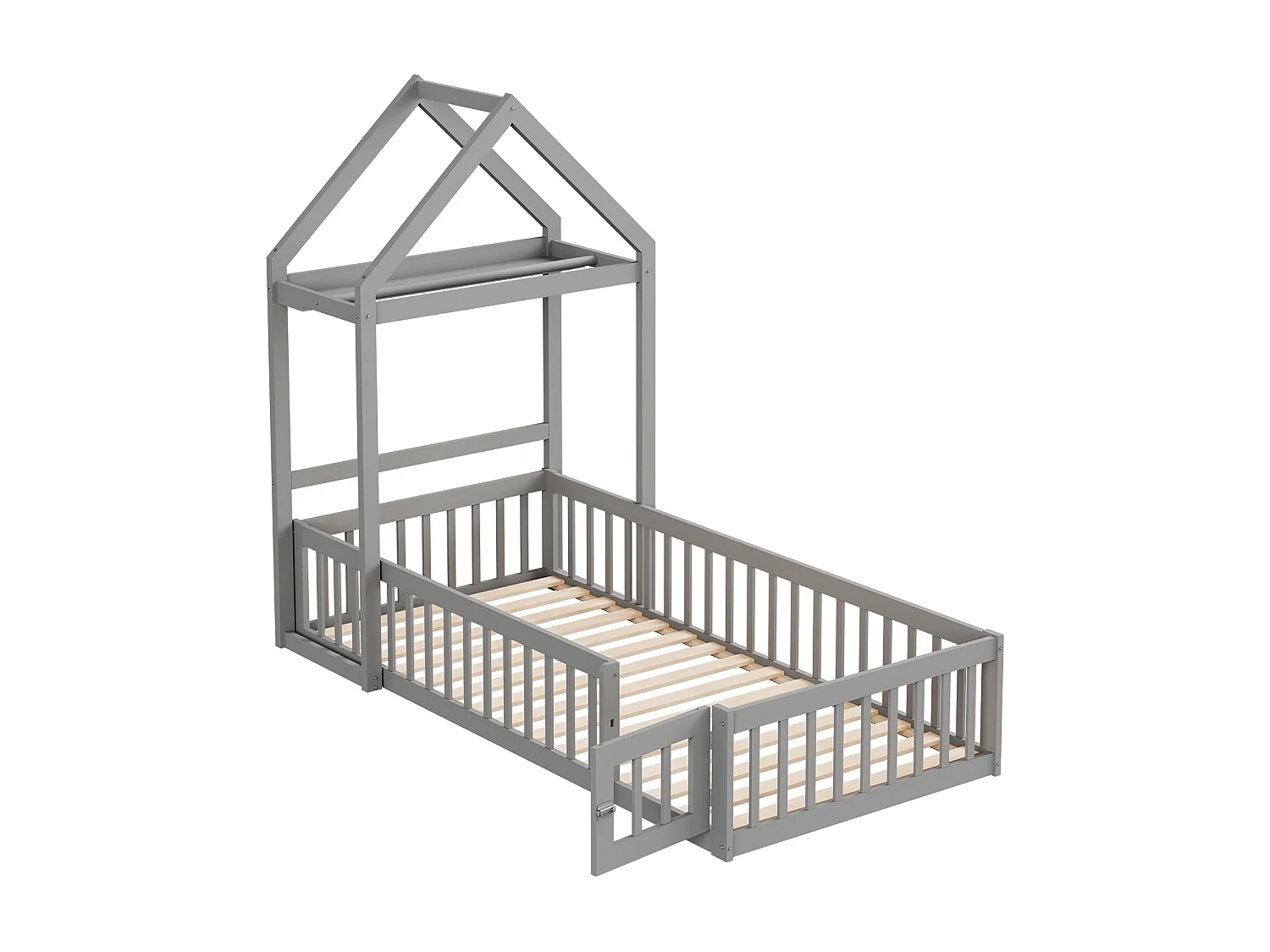 Lit cabane enfant avec barrières et porte, 90 x 200 cm, bois massif, espace de rangement, lauqé gris