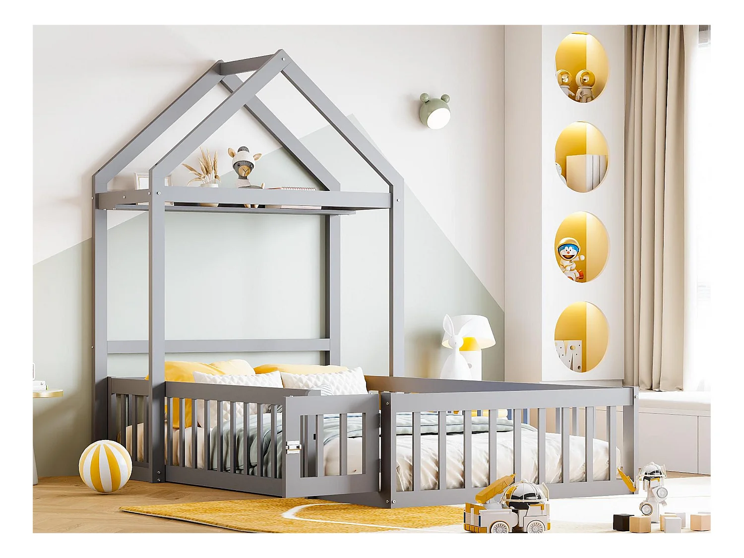 Lit cabane enfant avec barrières et porte, 90 x 200 cm, bois massif, espace de rangement, lauqé gris