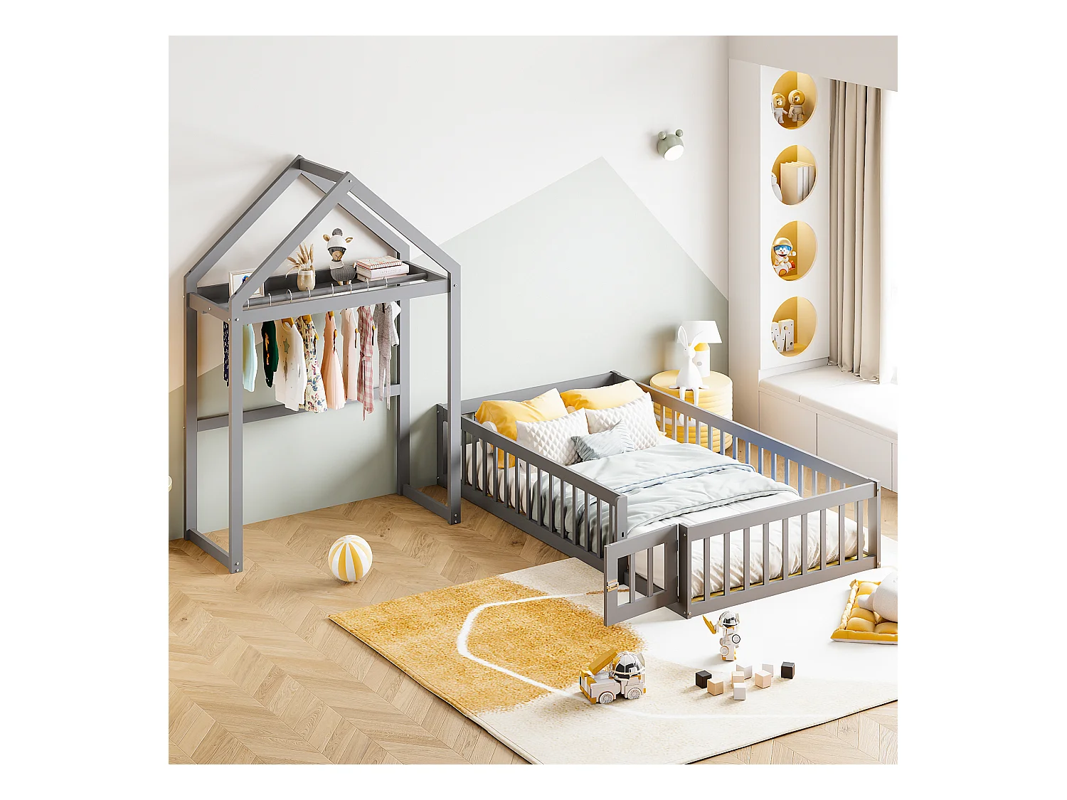 Lit cabane enfant avec barrières et porte, 90 x 200 cm, bois massif, espace de rangement, lauqé gris